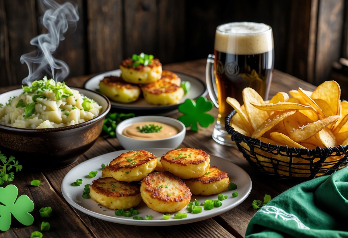 A table with traditional Irish potato dishes including colcannon, potato cakes, and thick-cut chips in a pub setting.