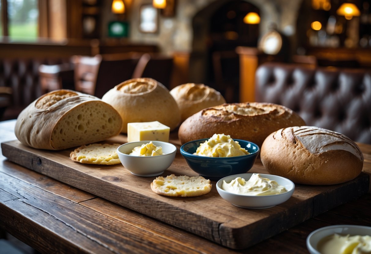 A wooden table with traditional Irish breads and bowls of butter and cheese in a cozy pub setting.