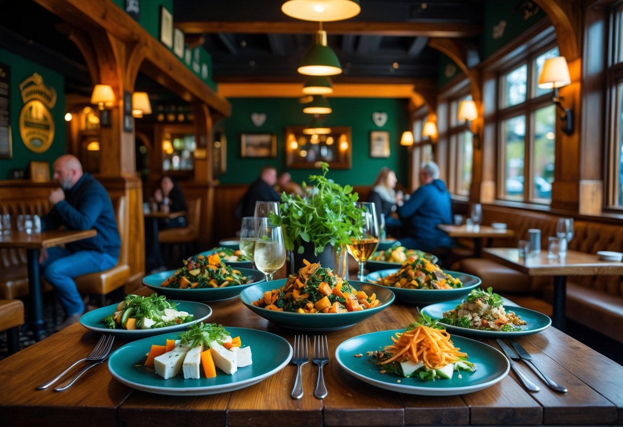 A table in an Irish pub with various vegetarian dishes and rustic decor in the background.