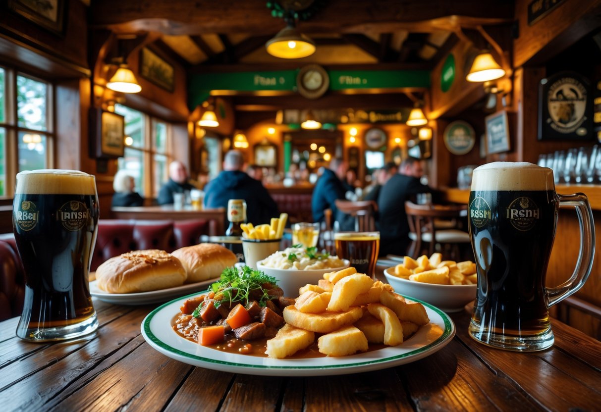 A wooden table in a traditional Irish pub with classic Irish dishes and pints of stout beer, surrounded by warm, rustic decor.