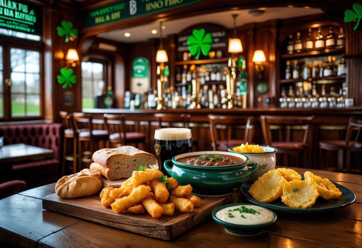 A traditional Irish pub table with classic Irish dishes like beef stew, fish and chips, soda bread, and potato farls, surrounded by wooden furniture and pub decor.