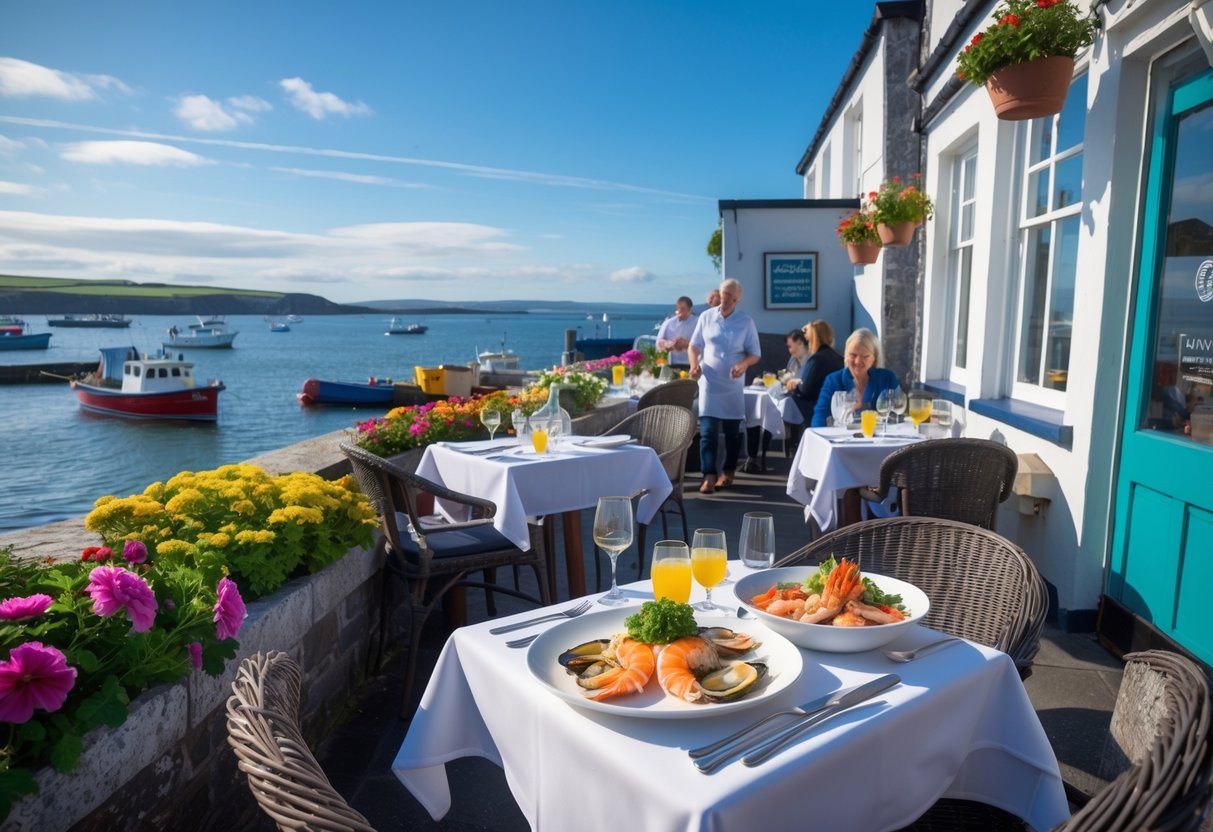 Seafood restaurant in Howth with outdoor tables set with fresh seafood dishes and a view of the harbor with fishing boats.