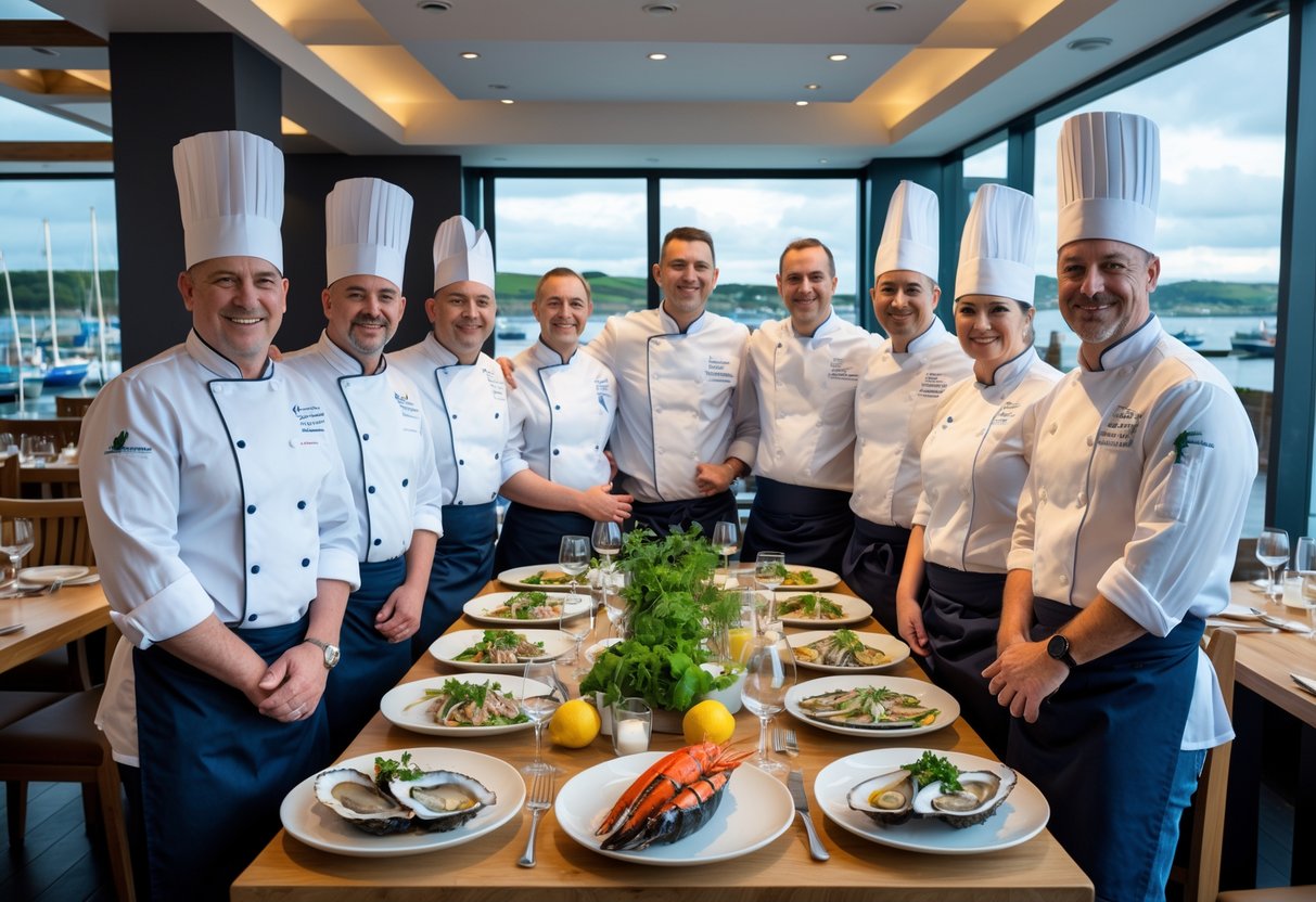 A group of chefs in white jackets smiling and standing together inside a seafood restaurant with a view of the harbor and seafood dishes on the tables.