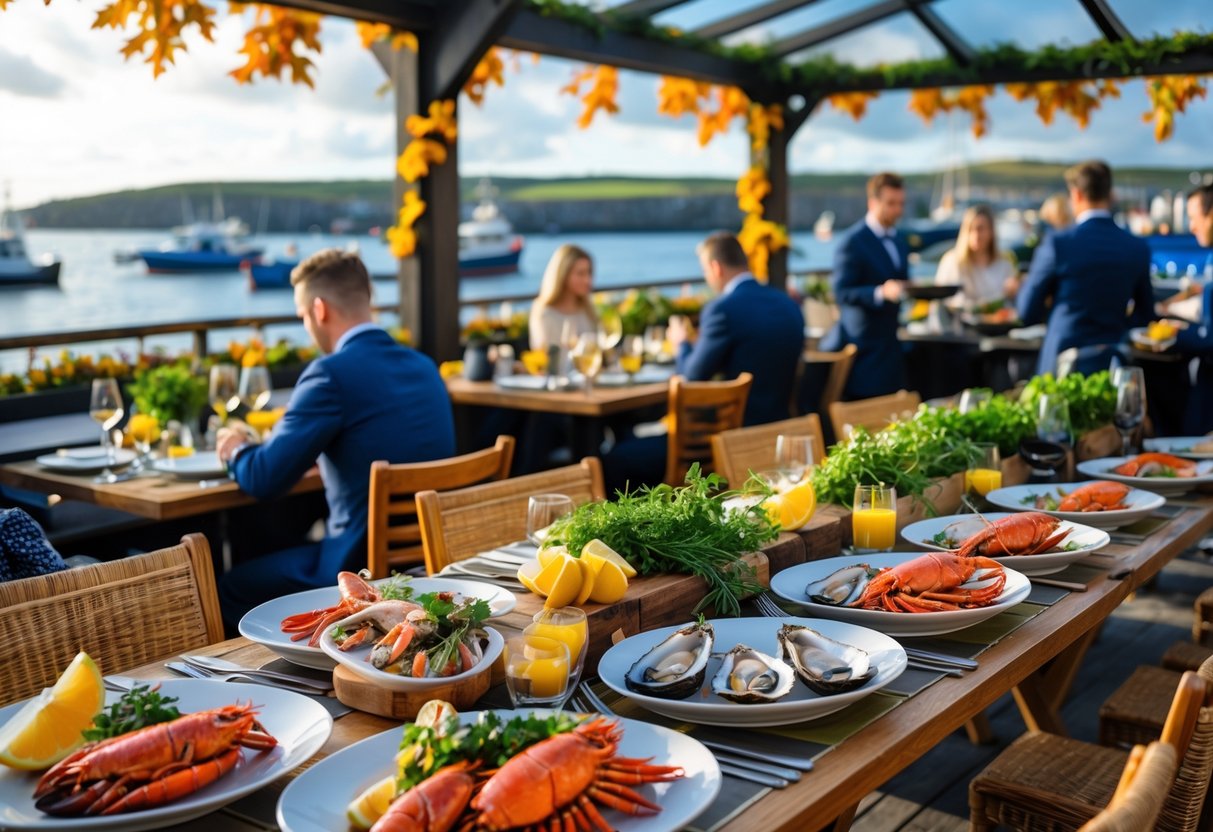 Outdoor seafood restaurant in Howth with diners enjoying fresh seafood platters and a coastal harbor view.