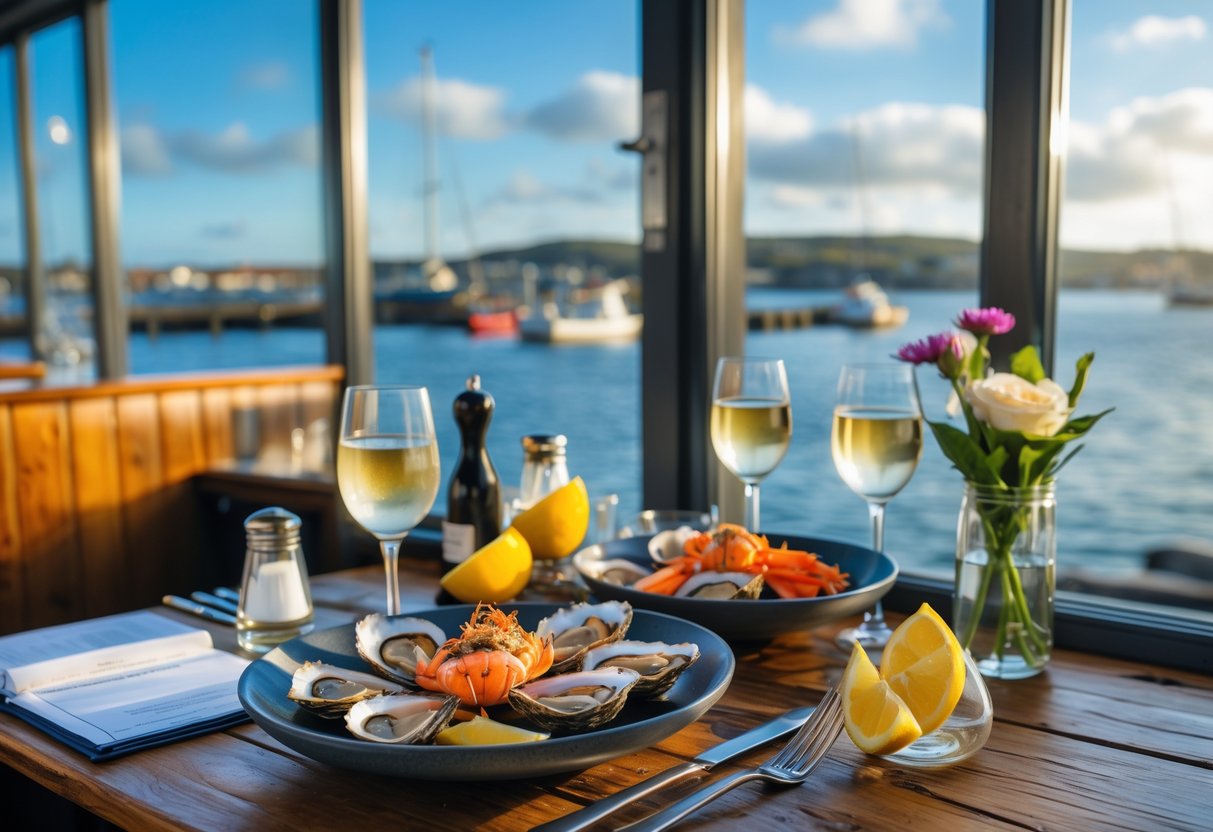A seafood restaurant table with fresh seafood dishes and wine, overlooking Howth harbor with boats in the background.