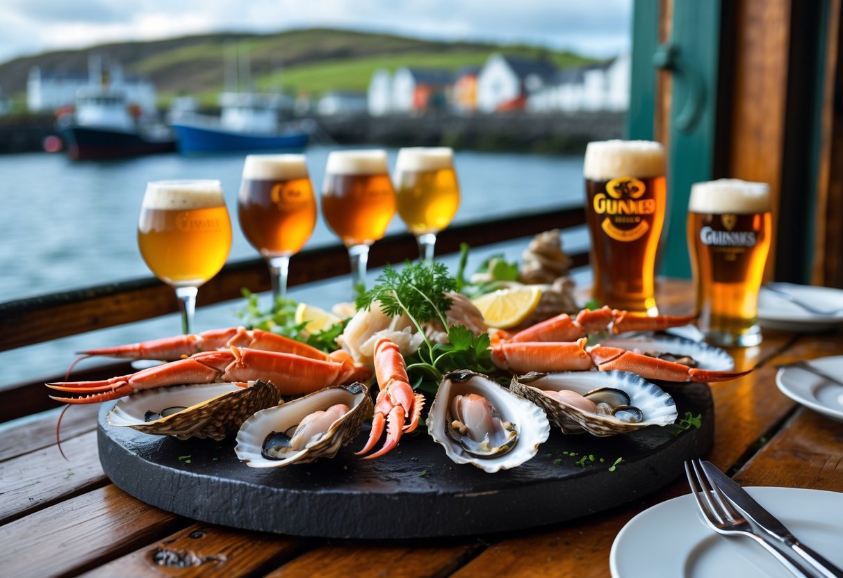 A seafood platter with oysters, crab legs, and grilled fish on a wooden table with glasses of Irish drinks, set at a seaside restaurant with a coastal village and harbor in the background.