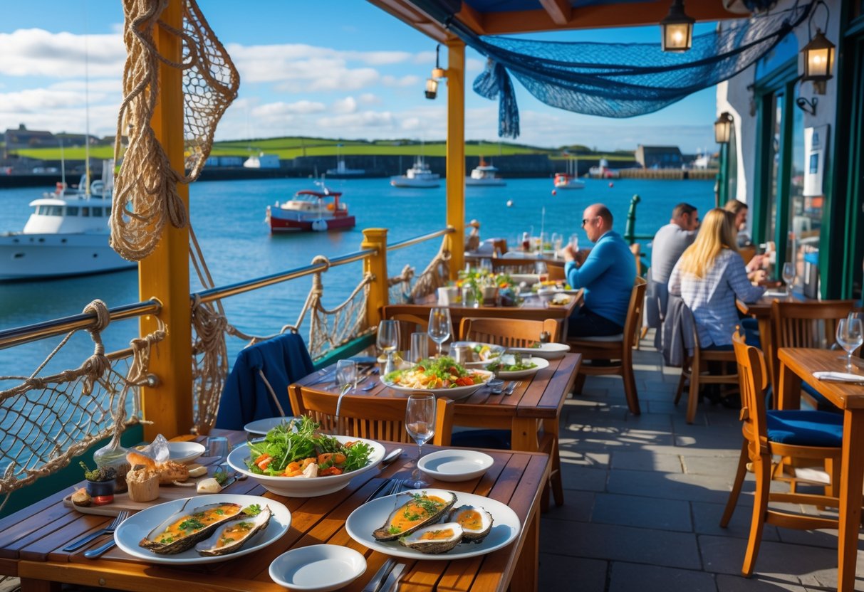 Outdoor seafood restaurant in Howth with people dining and fishing boats in the harbor in the background.