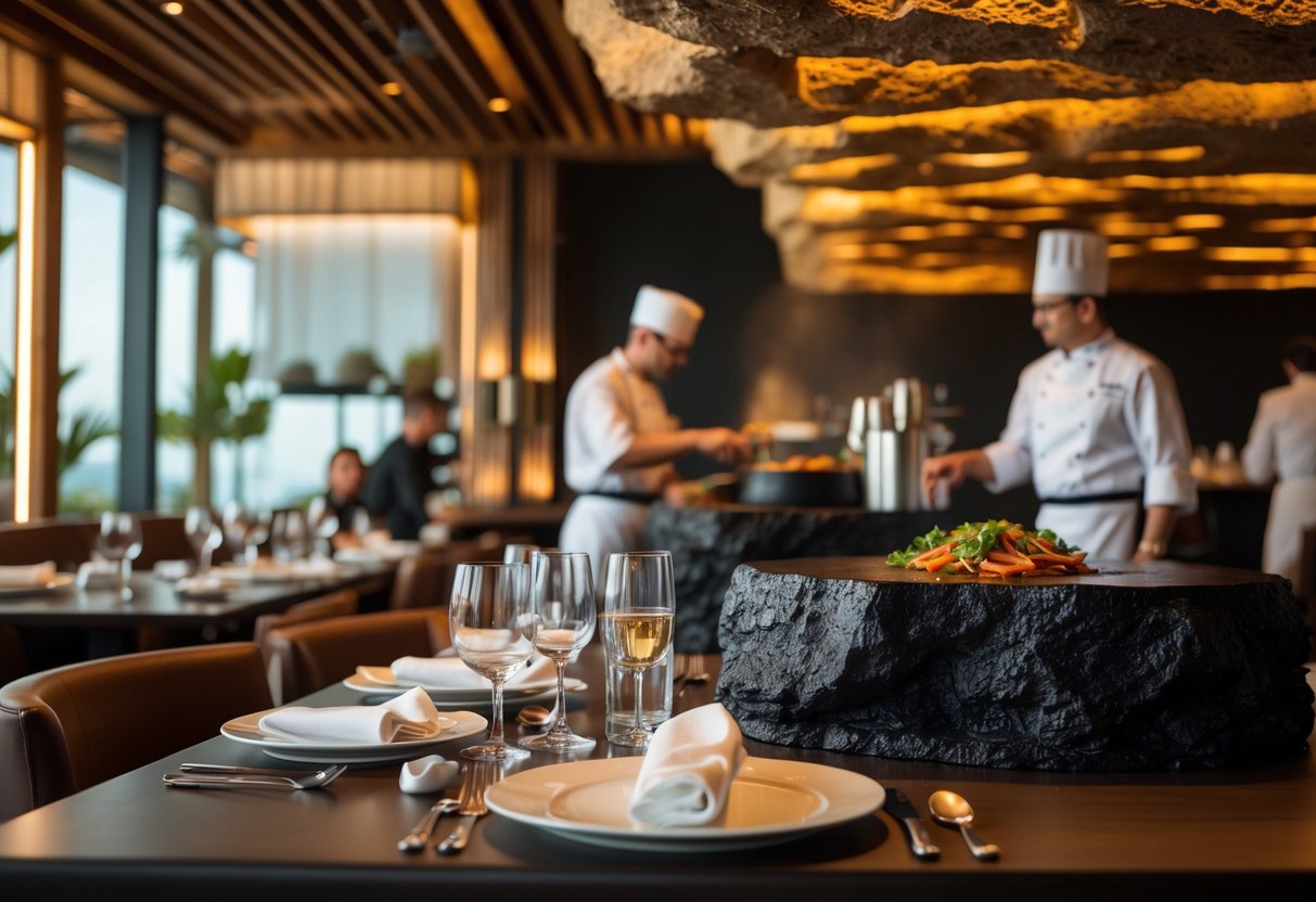 Interior of a stylish restaurant with diners enjoying meals and a chef cooking on a black stone grill.