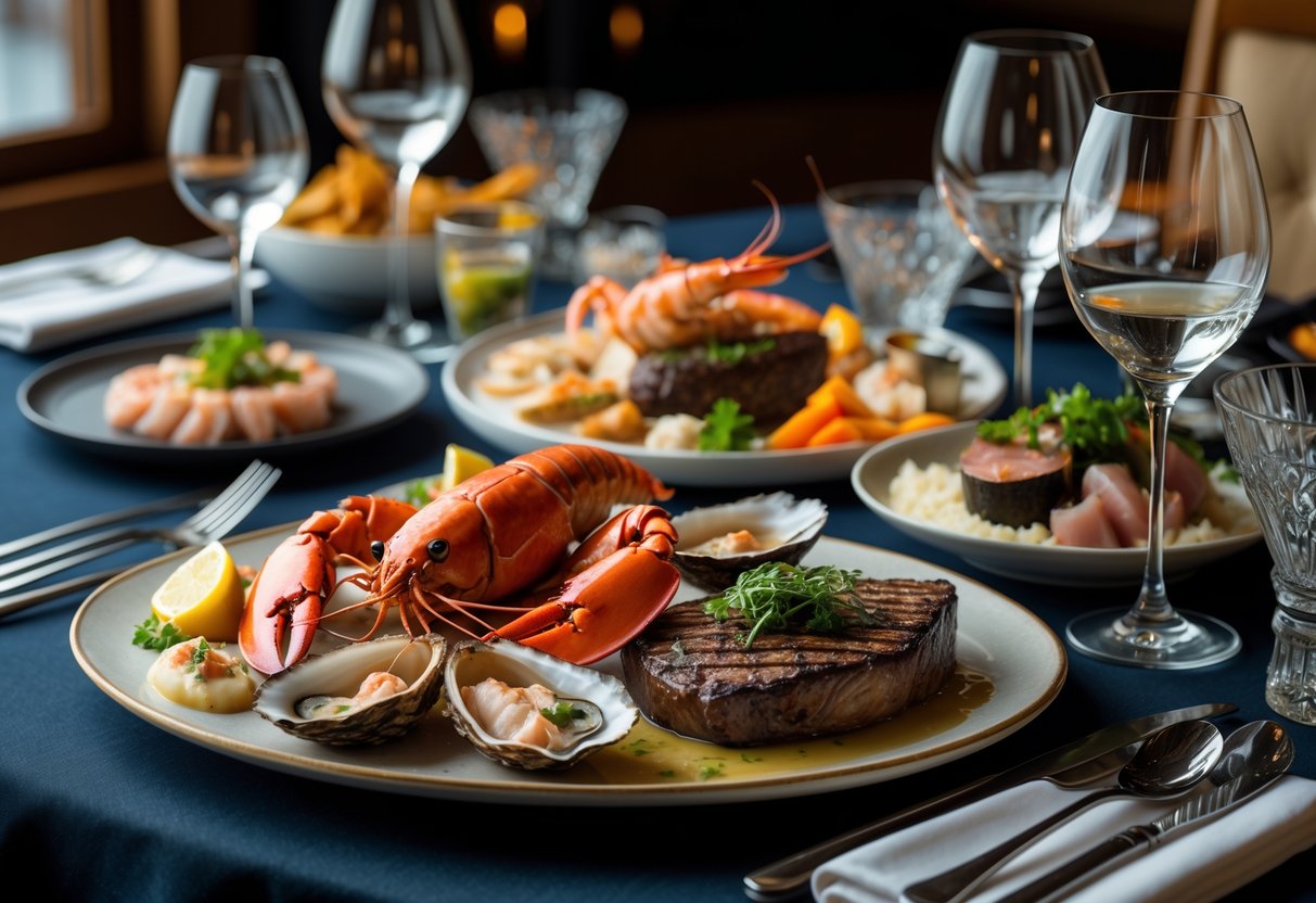 A dining table with a variety of seafood and steak dishes in a sophisticated restaurant setting.