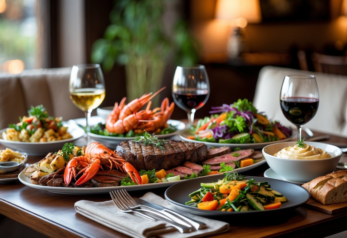 A wooden table set with a variety of dishes including seafood, salad, grilled vegetables, mashed potatoes, and bread in a restaurant setting.