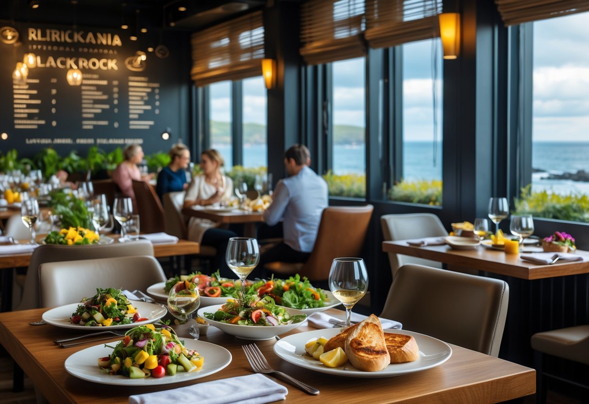 Interior of a Blackrock restaurant with diners enjoying a variety of regional dishes at wooden tables near large windows showing a coastal view.