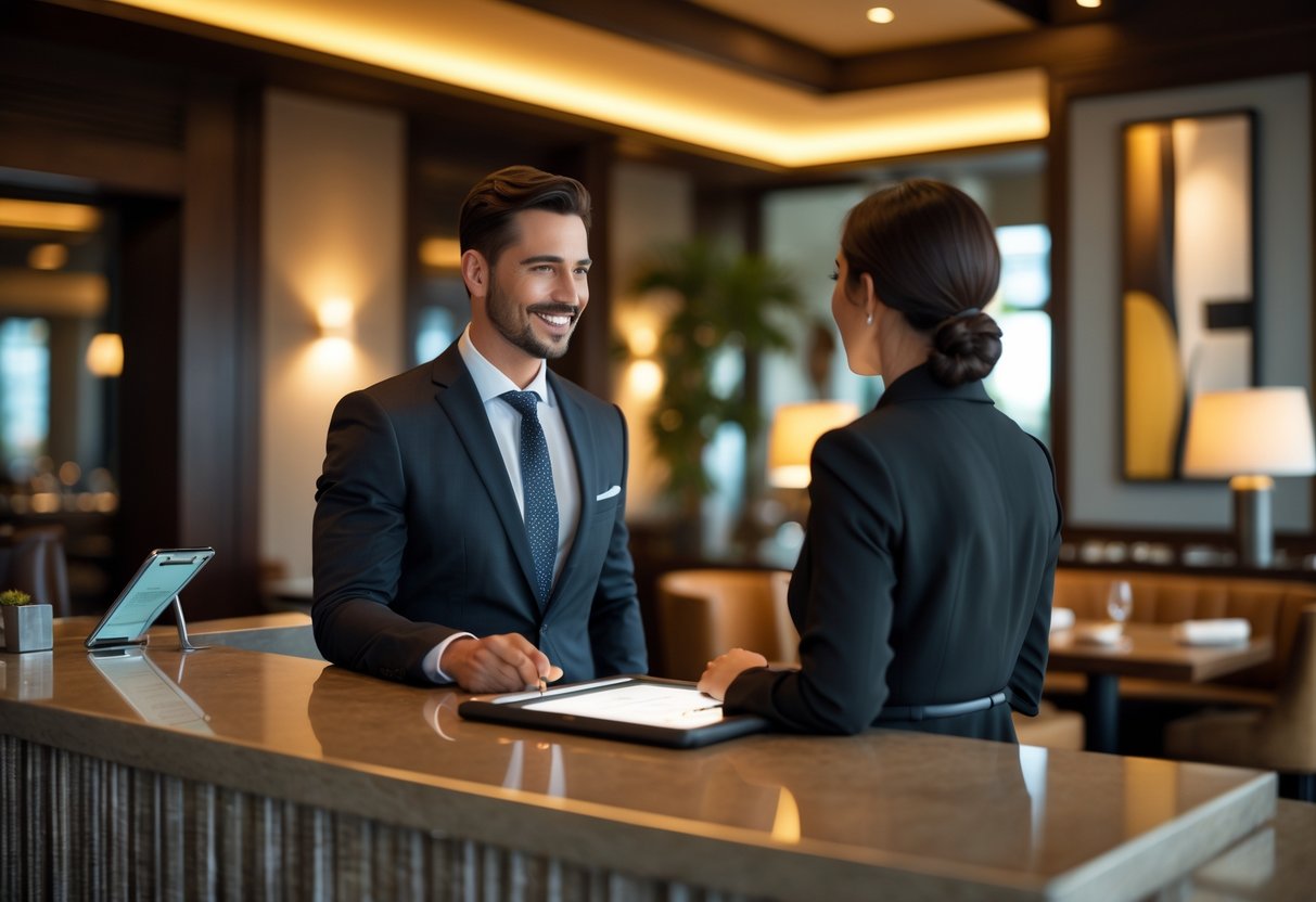A person making a reservation with a host at the reception desk inside an elegant restaurant.