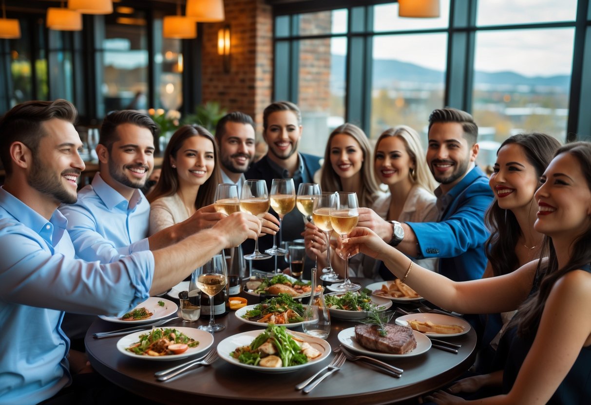 A group of people enjoying a festive meal together at a restaurant with food and drinks on the table.