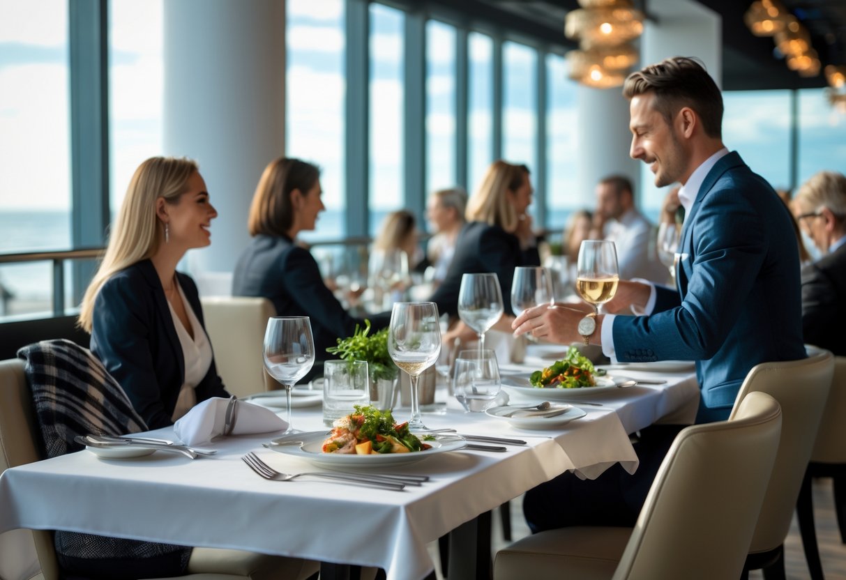 Interior of a modern Blackrock restaurant with customers dining and a waiter serving food.