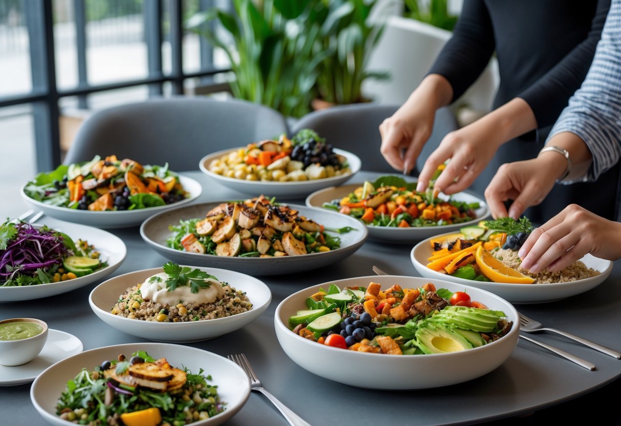 A table with a variety of fresh, colorful dishes representing different dietary options and customization in a modern restaurant setting.