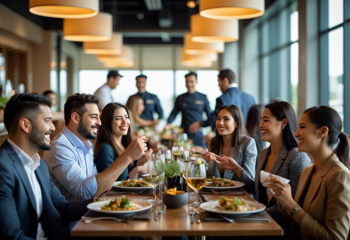 Customers enjoying a meal in a modern upscale restaurant with attentive staff serving them.