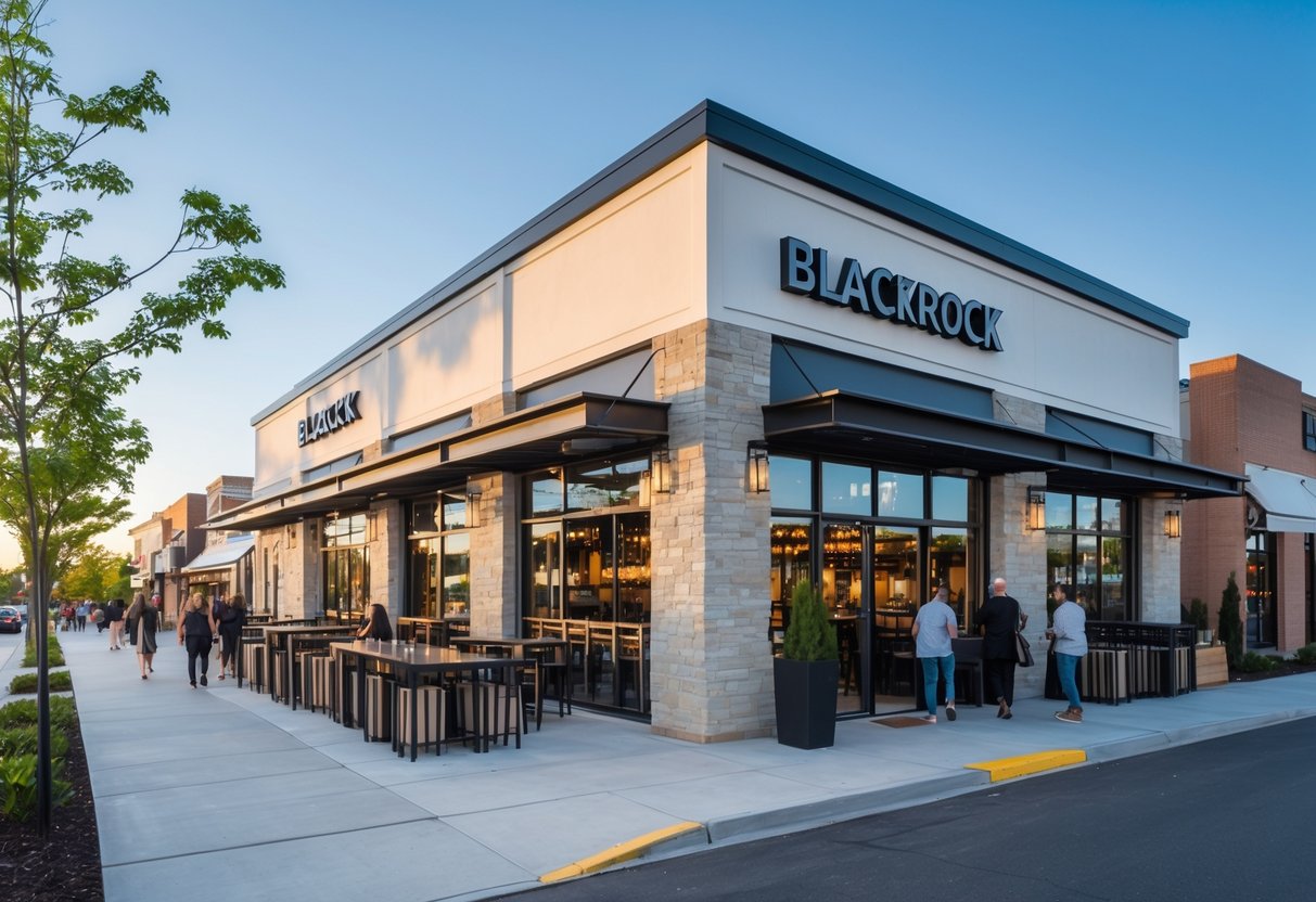 Exterior view of a Blackrock restaurant with people entering and greenery around the building.