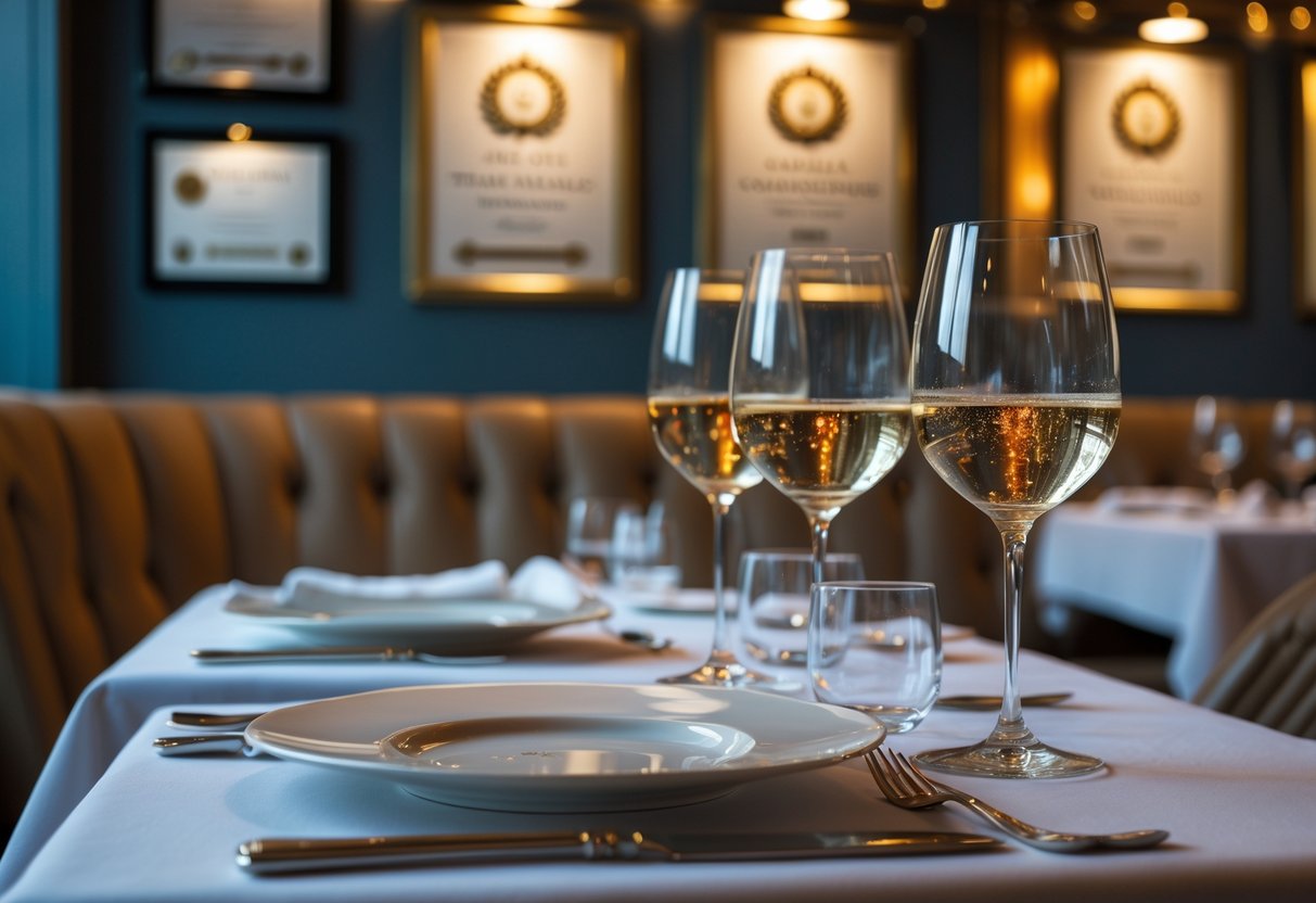 An elegant restaurant dining table set with fine china and wine glasses, with awards displayed on the walls in the background.