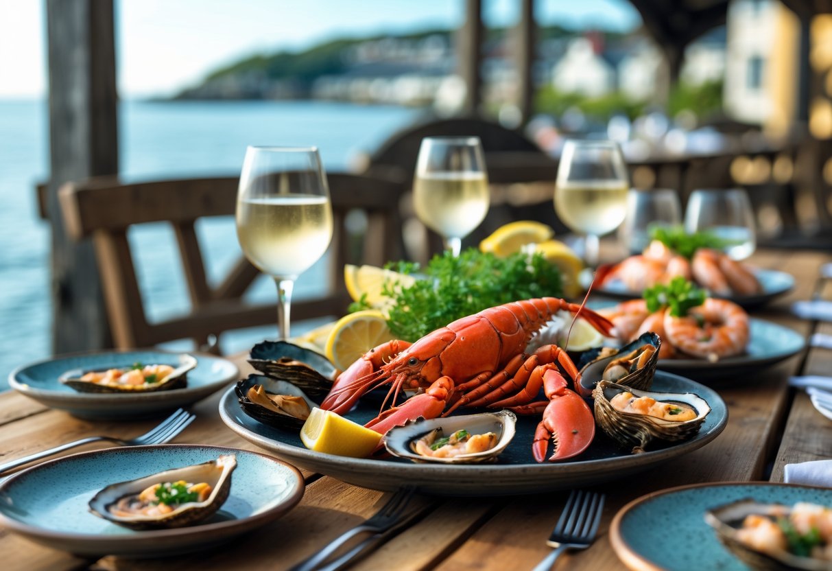A table outdoors near the water with plates of fresh seafood and drinks, overlooking the Malahide coastline.