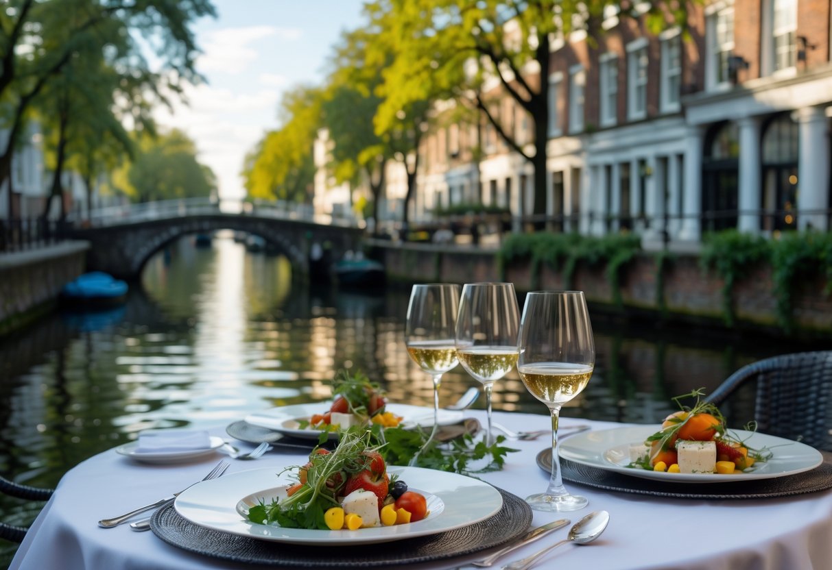 Outdoor dining table with gourmet food set beside the Grand Canal in Rathmines, with water and buildings in the background.
