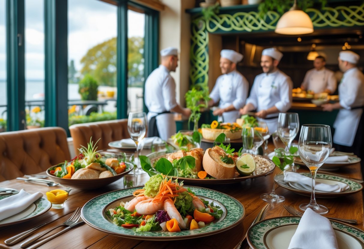 A warm Irish restaurant in Malahide with a wooden table set with traditional Irish dishes and chefs cooking in the background.