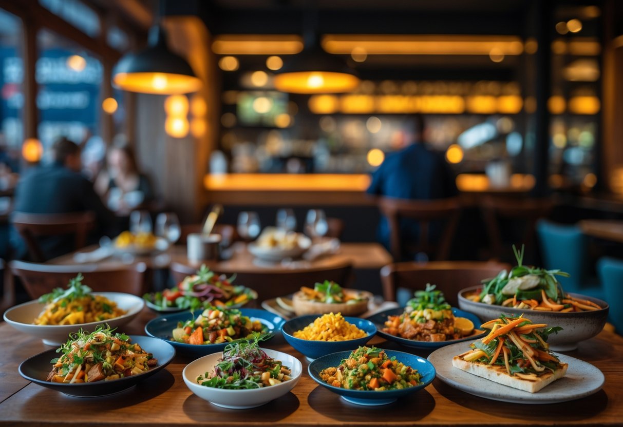A table filled with colorful, freshly prepared dishes in a cozy restaurant setting with people dining in the background.