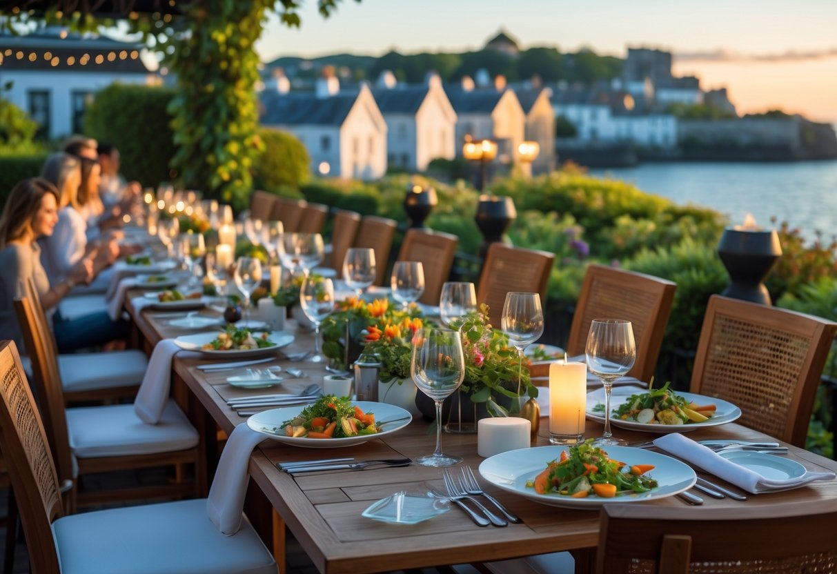 Outdoor dining tables set with elegant dishes and glassware at a restaurant in a coastal village with people enjoying their meals.