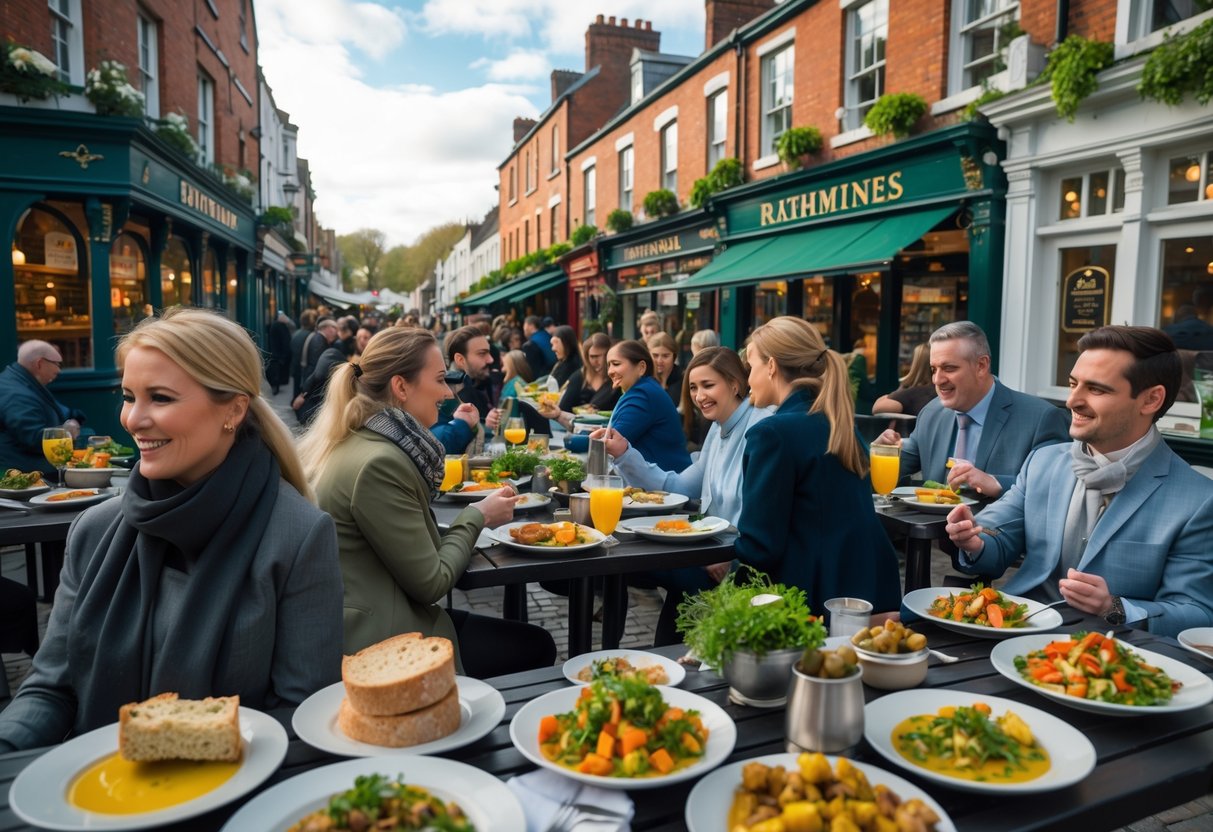 People enjoying a variety of traditional and international foods at outdoor tables on a street lined with historic red brick buildings in Rathmines.
