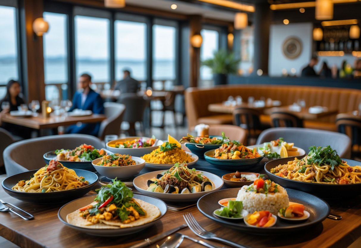 A table filled with diverse international dishes inside a cozy restaurant with diners in the background.