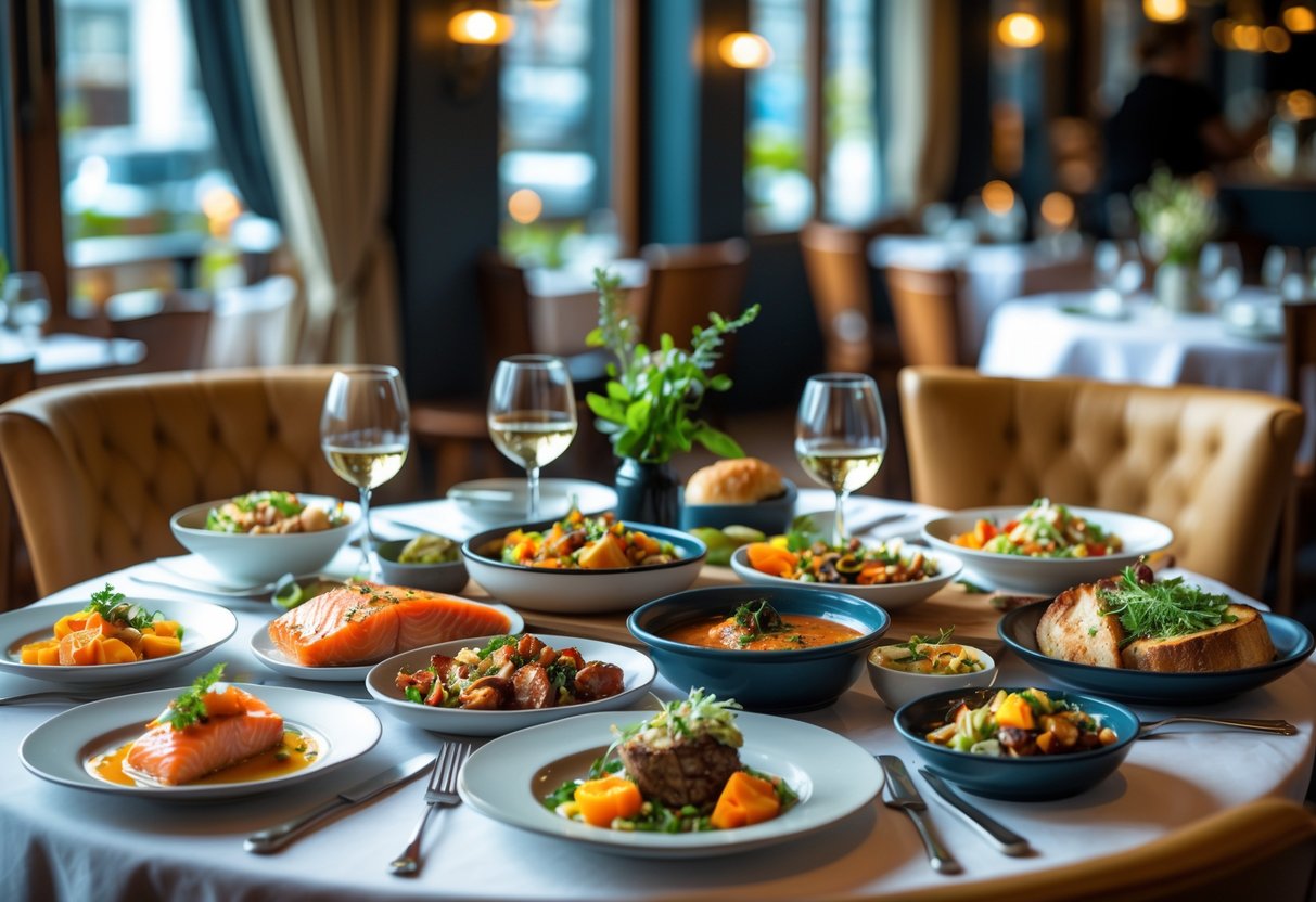 A table in a Malahide restaurant with various specialty dishes and local foods, including seafood and traditional Irish dishes, set in a warm and cozy dining area.