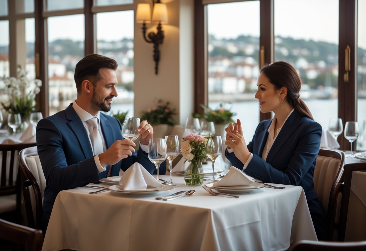 A couple dining politely at a neatly set table in an elegant restaurant with a view of a coastal town through the window.