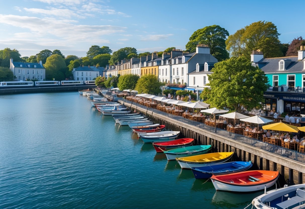 Seaside view of Malahide Marina with boats docked and outdoor restaurants filled with people, trees, and buildings in the background.