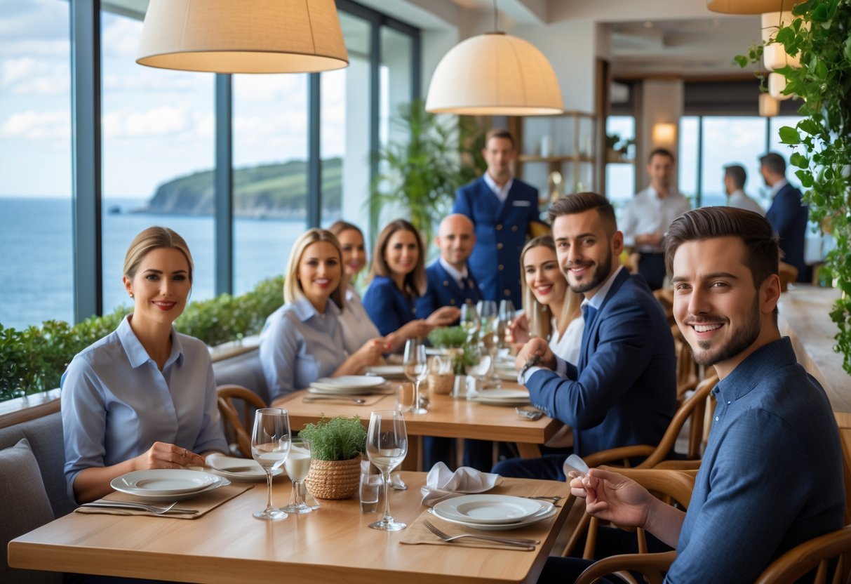 A modern restaurant interior with tables set for dining, staff serving customers, and large windows showing a coastal view.