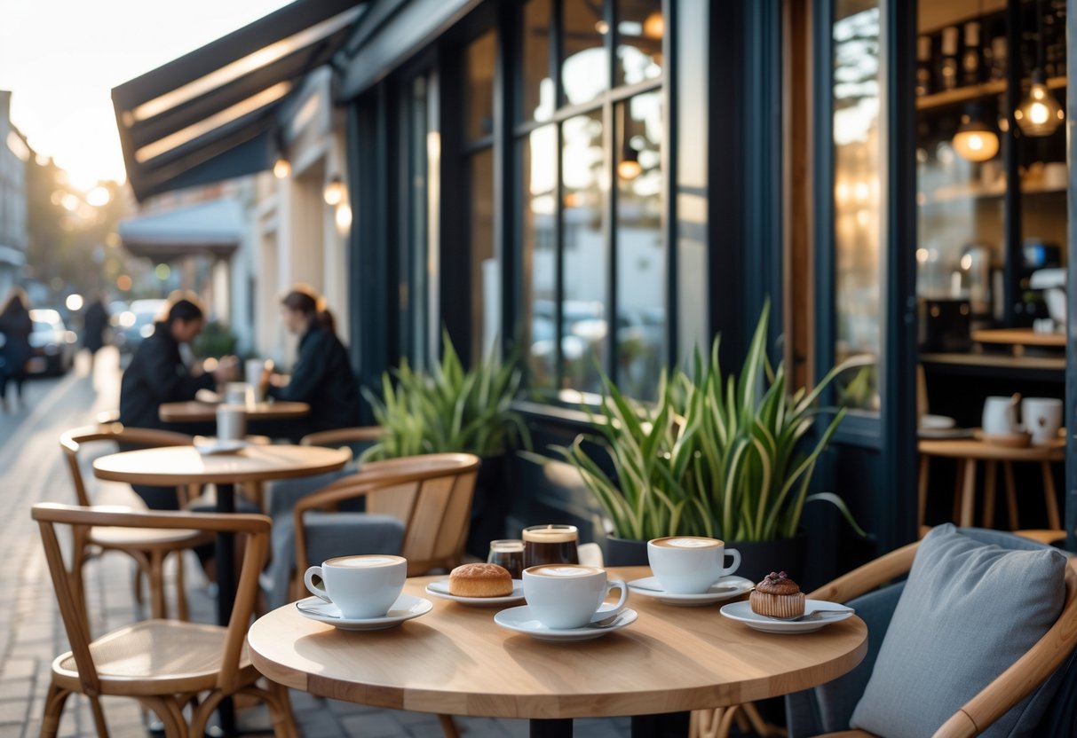 Outdoor seating area of a modern caf&eacute; with people enjoying coffee and pastries on wooden tables in a sunny urban street.