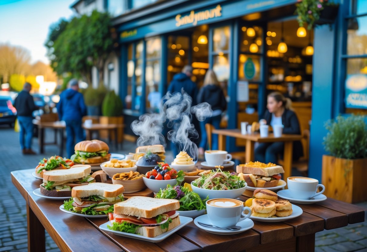 Outdoor caf&eacute; table with various takeaway foods like sandwiches, salads, pastries, and coffee, with people enjoying their meals near a cozy caf&eacute; in a sunny setting.
