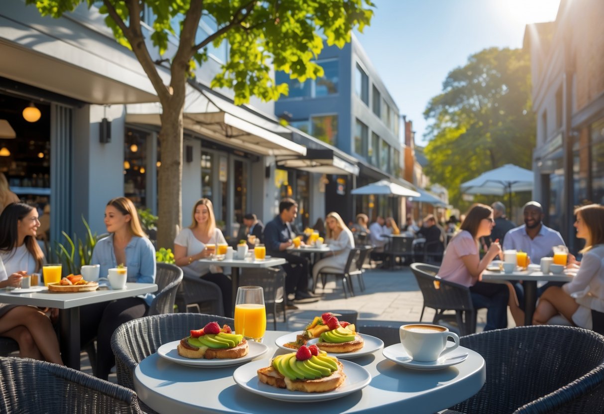 Outdoor scene of people enjoying breakfast and brunch at charming cafes with tables of colorful food and drinks in a sunny Sandymount neighborhood.