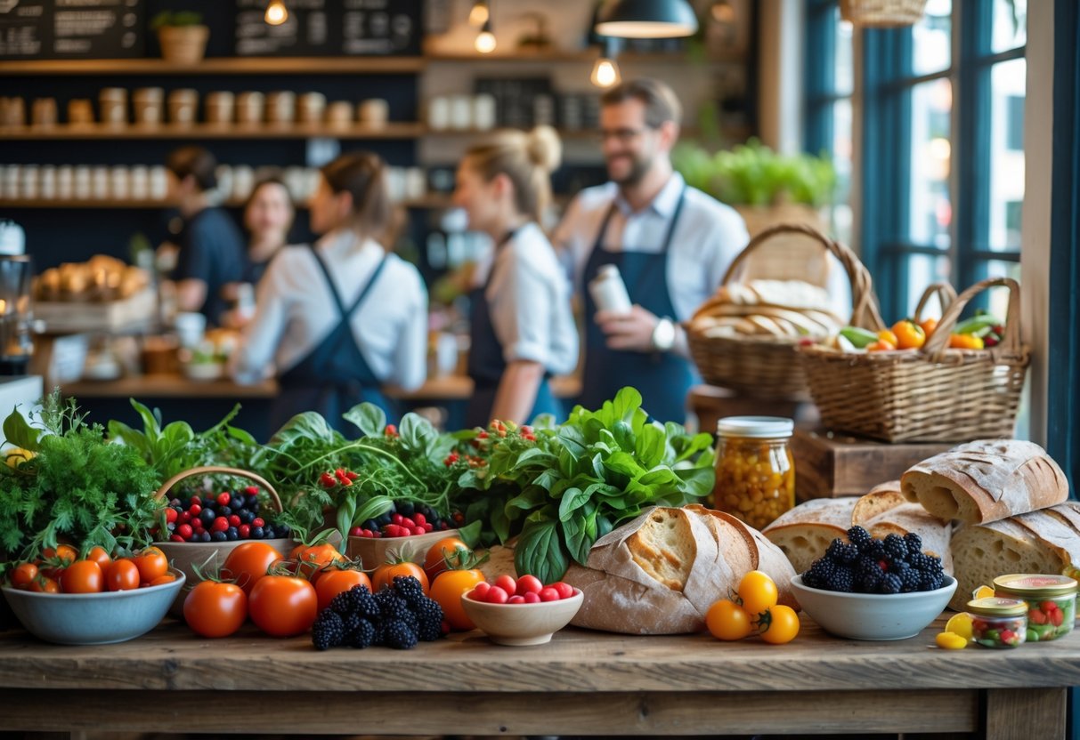 A caf&eacute; table displaying fresh fruits, vegetables, and bread with staff serving customers in the background.