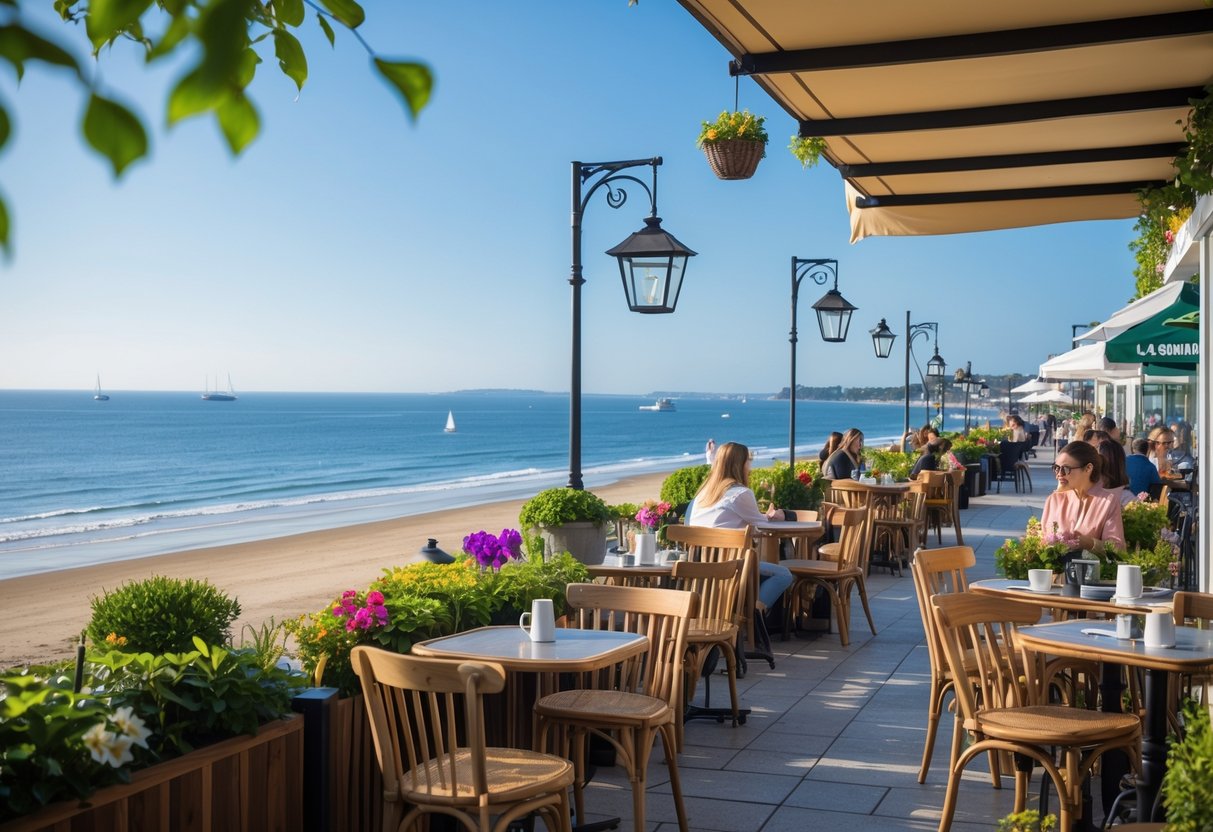Outdoor caf&eacute; in Sandymount with wooden tables and chairs overlooking a sandy beach and calm sea under a clear sky.