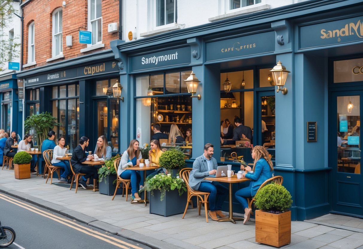 A busy street in Sandymount with several cafes where people sit outside enjoying coffee and pastries.