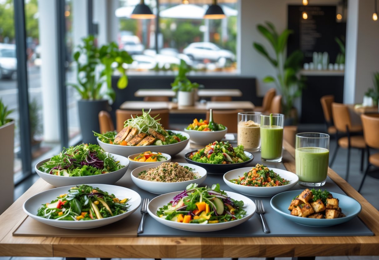 A modern caf&eacute; table with a variety of healthy dishes including salads, gluten-free bread, vegan bowls, smoothies, and grilled protein options, set in a bright and inviting caf&eacute; interior.