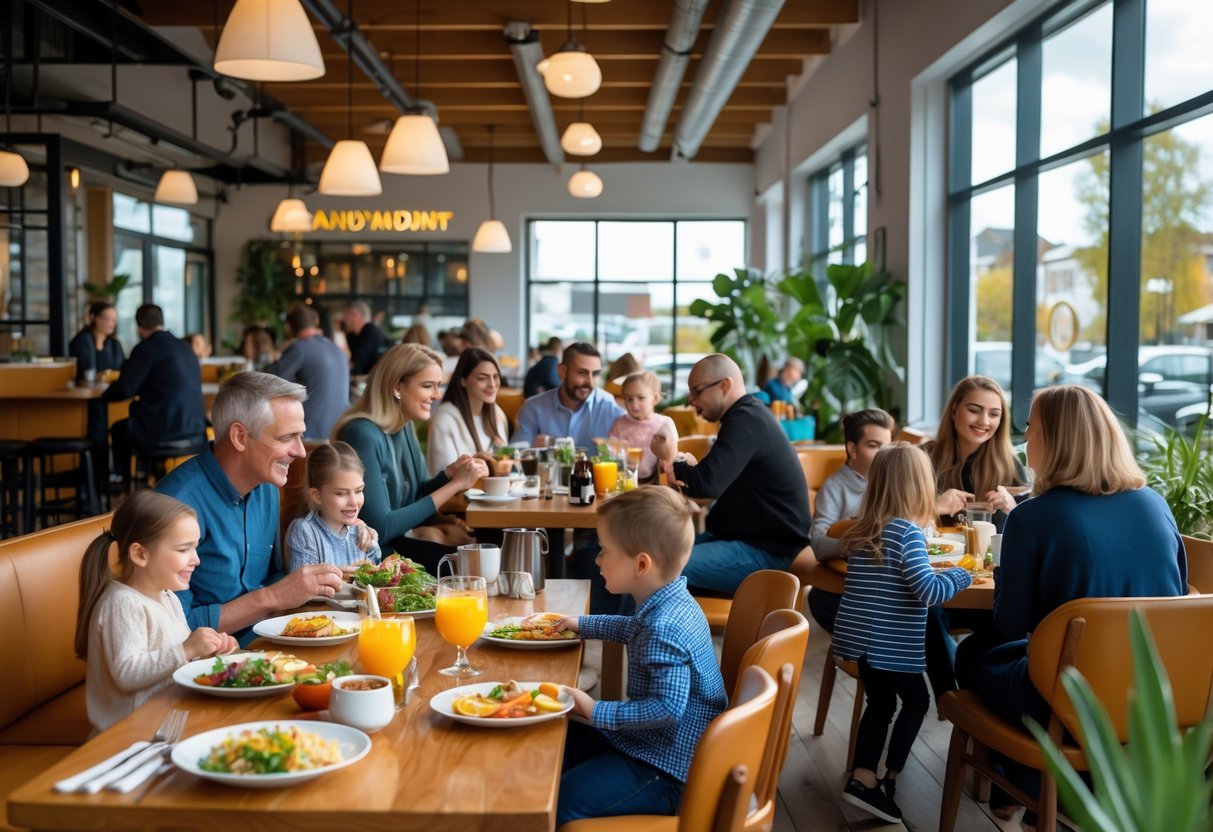 Families and groups of people enjoying meals together inside a bright and spacious cafe with large windows and cozy seating.