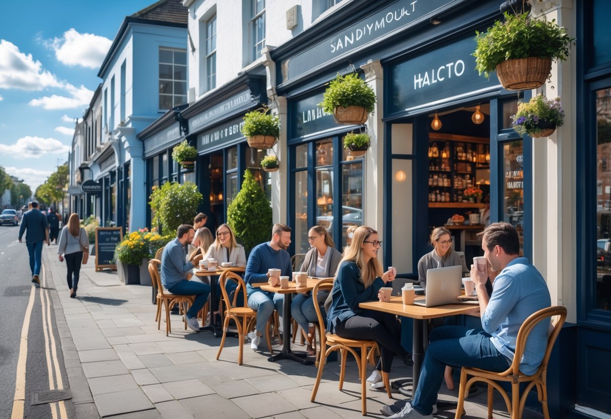 A sunny street in Sandymount with people sitting at outdoor cafe tables enjoying coffee and relaxing.