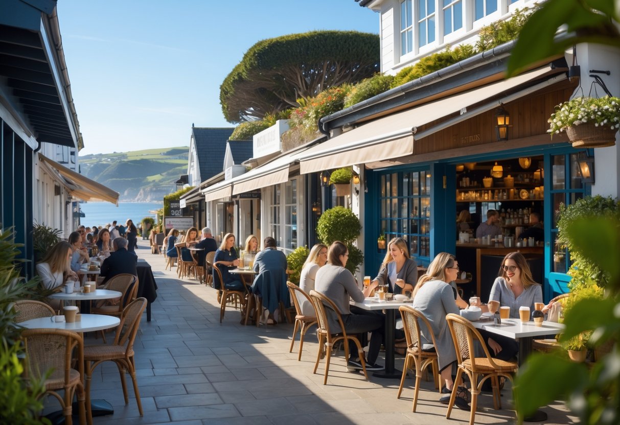 Street view of Greystones with outdoor cafes, people sitting at tables, and greenery under a sunny sky.
