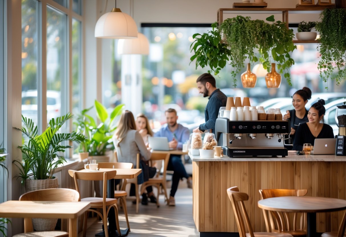 Interior of a bright cafe with wooden tables, a barista making coffee, and customers sitting and chatting.