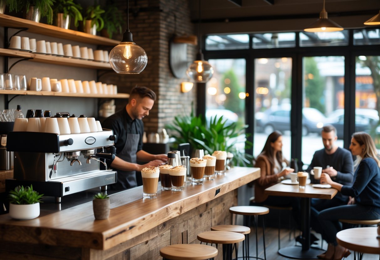 Interior of a cozy cafe with baristas preparing coffee and customers enjoying drinks at wooden tables.