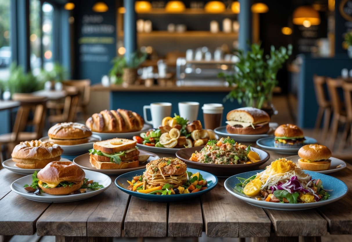 A table with a variety of fresh baked goods and plated dishes in a cozy cafe setting.