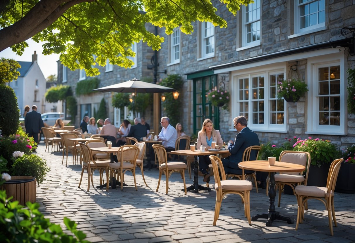 Outdoor seating area at a cafe with tables, chairs, plants, and people enjoying coffee in a town setting.
