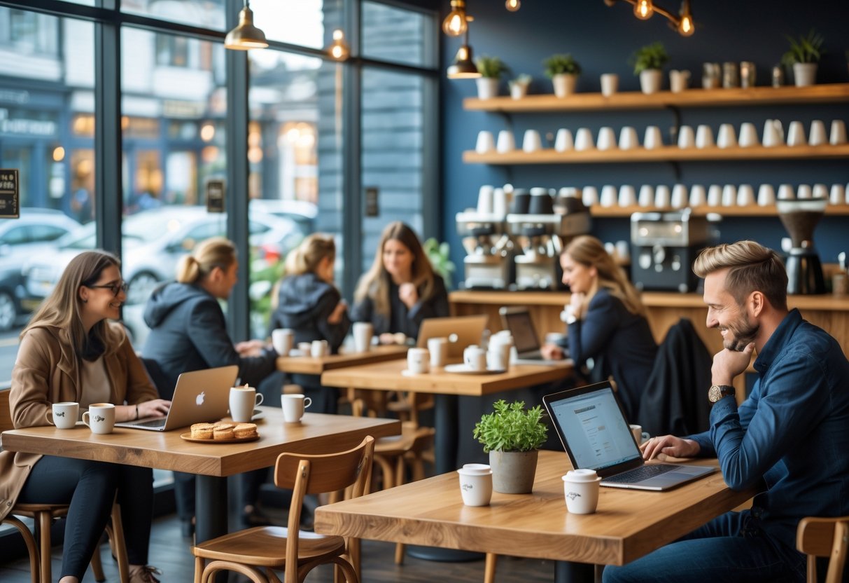 Interior of a cozy café with people enjoying coffee and pastries at wooden tables near large windows.