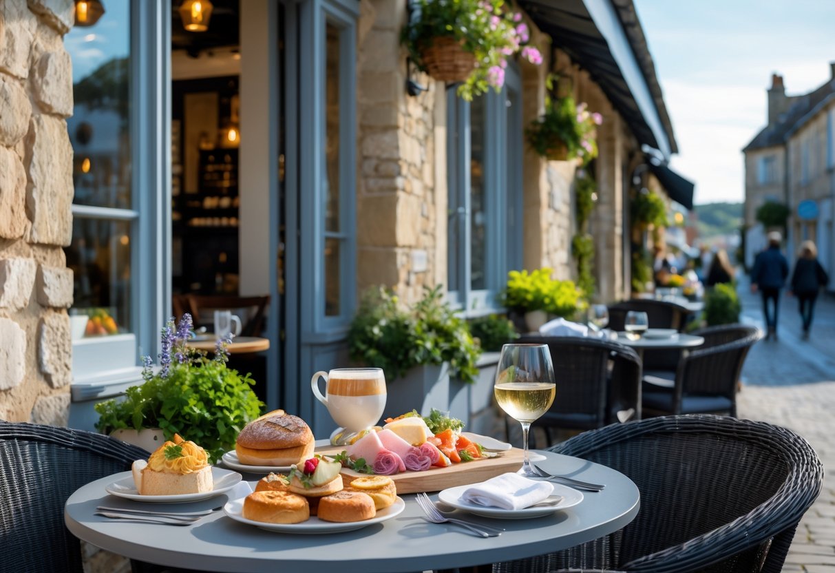 Outdoor cafe table in Greystones with French and international dishes, surrounded by stone walls and plants on a sunny day.
