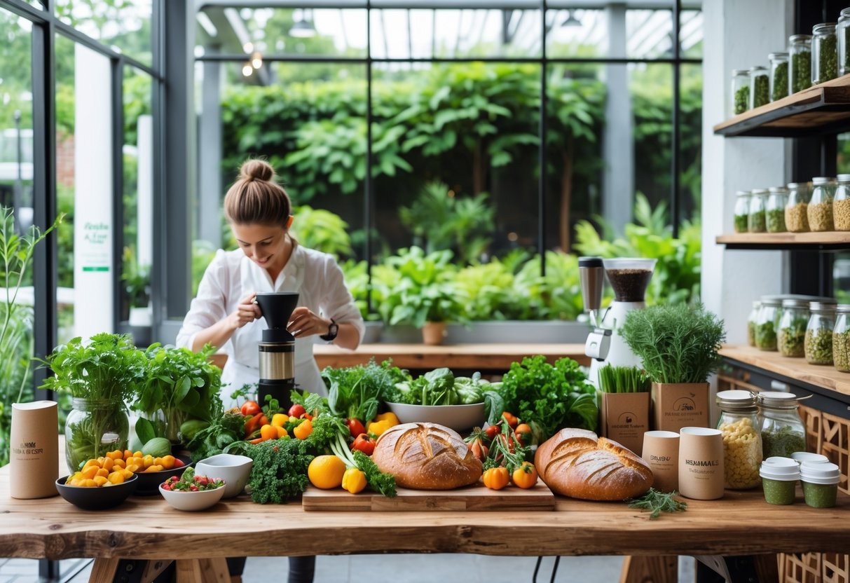 Interior of a cafe with fresh vegetables and fruits on a wooden table, a barista preparing coffee, and plants visible through large windows.